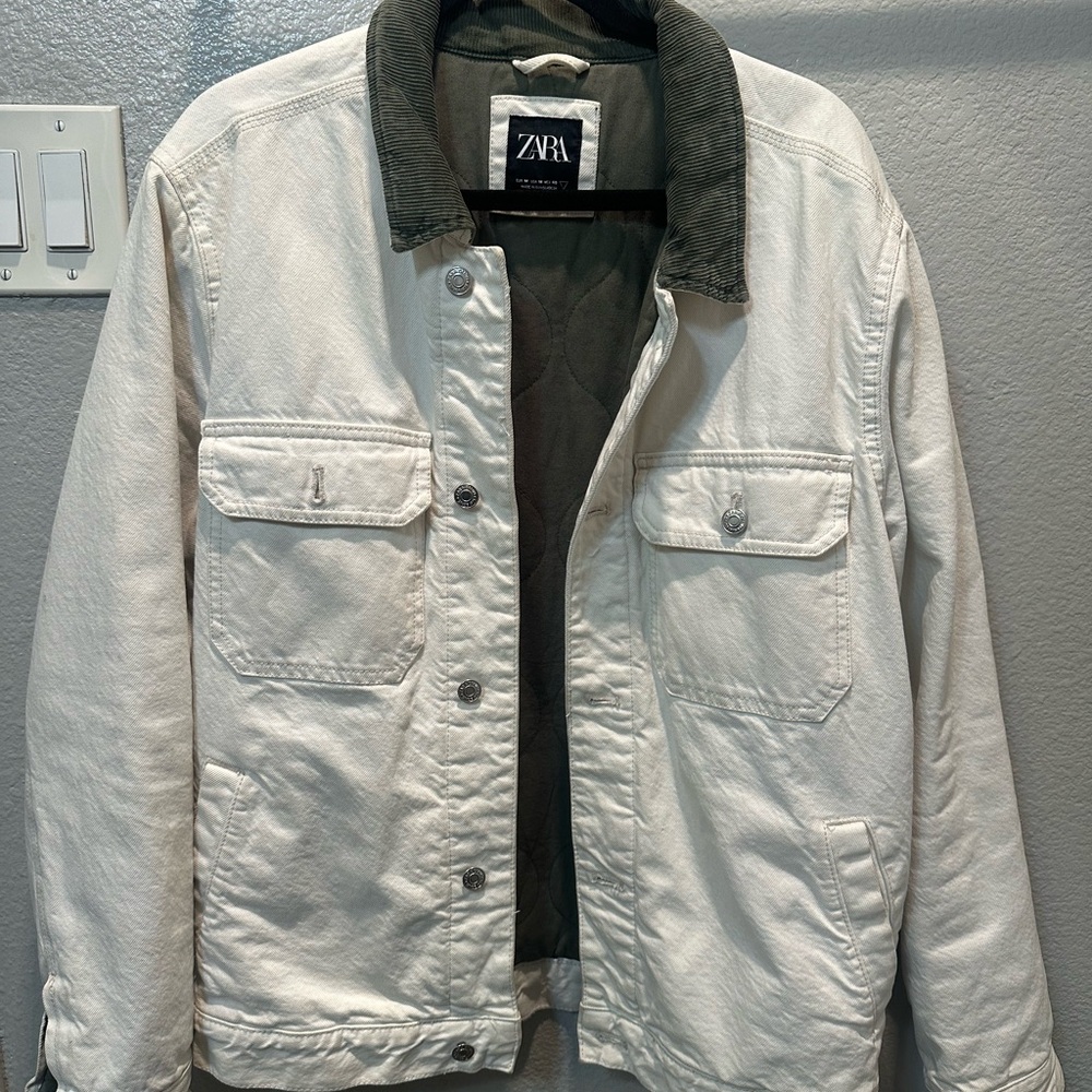 Zara White and Green Lightweight Shirt Jacket